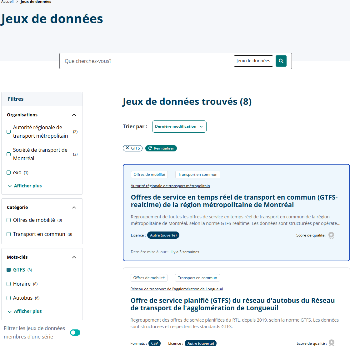 Capture d'écran de la page de recherche avancée des jeux de données