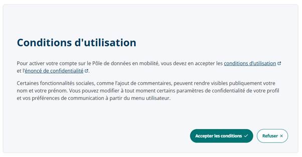 Copie d'écran de la page d'acceptation des conditions d'utilisation affichée à la première connexion d'un utilisateur ou d'une utilisatrice du Pôle de données.