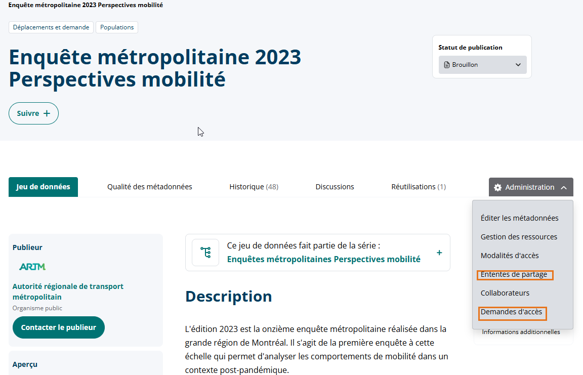 Menu Administration - Entente de partage et demandes d'accès