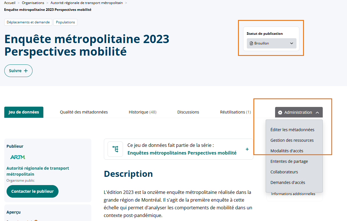 Menu Administration et Statut de publication