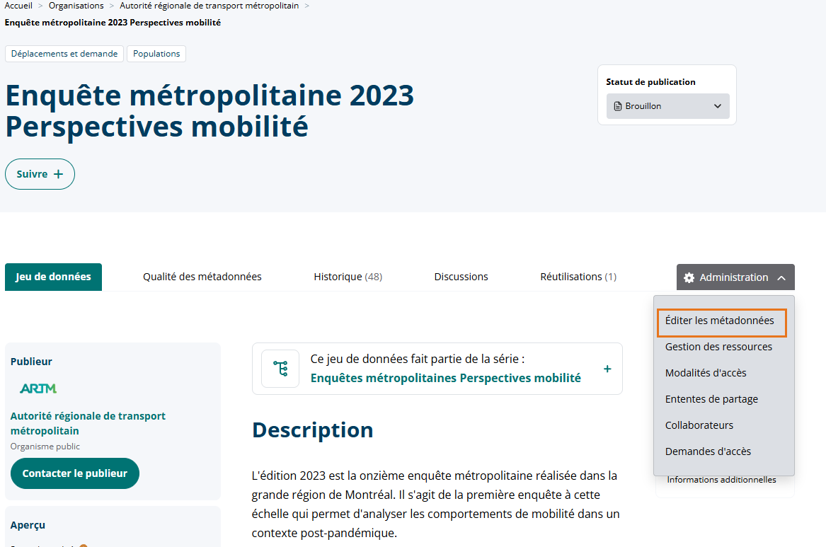Menu Administration - Éditer les métadonnées