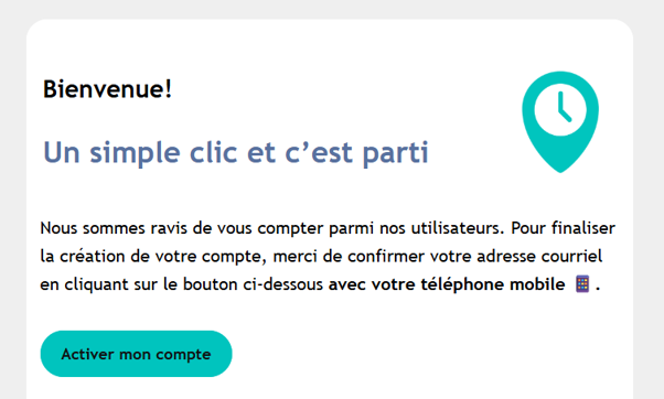 Exemple du courriel reçu lors de la création d'un compte Chrono demandant de confirmer son adresse courriel pour activer son compte Chrono.